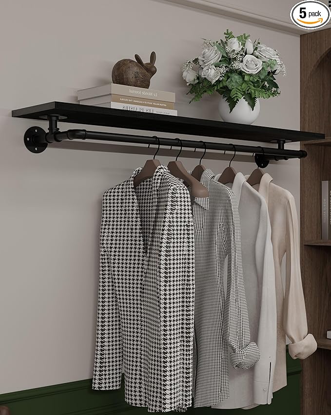 Black Clothes Rack 48in, Wall Mounted Garment Rack with Real Wood Shelf, Heavy Duty Hanging Clothes Rack, Multi-Purpose Hanging Rod, Space-Saving Closet Storage