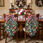 2 Pack 20'' Patriotic Swag Wreaths for Cabinets Artificial 4th of July Teardrop Wreath with Red White Blue Circular and Green Leaves for Independence Day Memorial Day Front Door Porch Window Wall