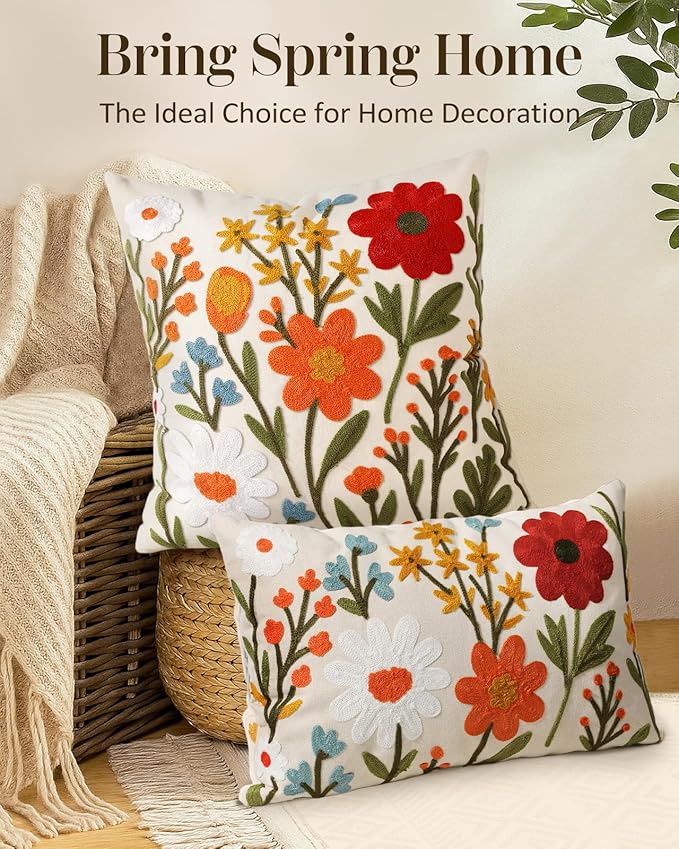 Embroidered Lumbar Pillow Cover 20x12 Inch - Spring Summer Boho Decorative Pillow Cover with Zipper for Living Room Couch Sofa Bed Aesthetic Design Flower Cluster Cushion Pillowcase