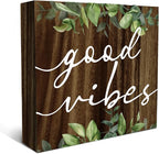 SRADMO Inspirational Green Botanical Eucalyptus Leaves Wood Box Sign Desk Decor, Rustic Eucalyptus Leaves Wooden Block Box Sign Decor for Home Office Shelf Table Decorative Accessories