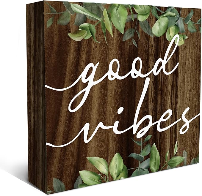 SRADMO Inspirational Green Botanical Eucalyptus Leaves Wood Box Sign Desk Decor, Rustic Eucalyptus Leaves Wooden Block Box Sign Decor for Home Office Shelf Table Decorative Accessories