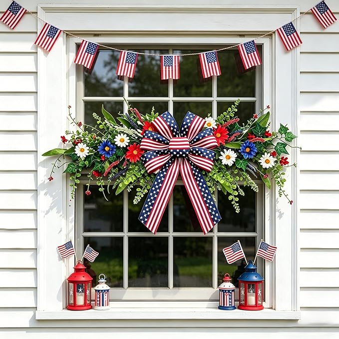 4th of July Patriotic Floral Swag Artificial Red White and Blue Independence Day Front Door Daisy Flowers Twigs Swag Memorial Day 250th Anniversary Veterans Day Decor for Arch Wall Home Door Decor