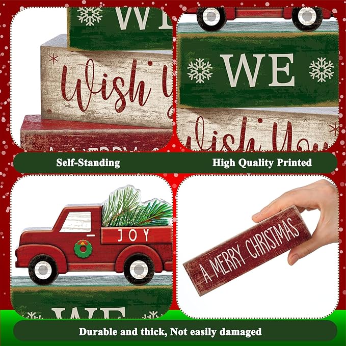 Lineshading 4 Pcs Rustic Christmas Decor Wooden Red Truck Winter Tiered Tray Decor Merry Christmas Table Centerpiece Wood Red Truck Block Sign Gift Farmhouse for Home Kitchen Tabletop Office Shelf