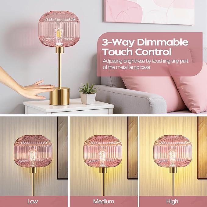 QiMH Glass Table Lamp for Living Room, Modern Bedside Lamp with Pink Ribbed Glass Shade, 3-Way Dimmable Touch Control Nightstand Lamp for Bedroom, Brushed Gold (2700K LED Bulb Included)