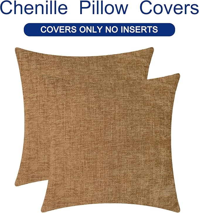 CaliTime Throw Pillow Covers Decorative 18 X 18 Inches Pack of 2 Cozy Chenille Cushion Case for Couch Sofa Bed Living Room Home Apricot Brown