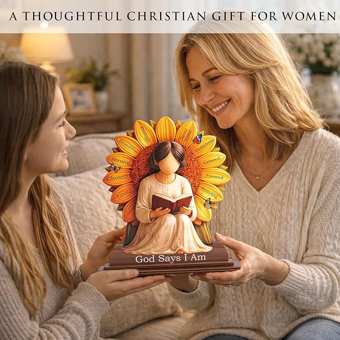 Christian Gifts for Women, God Says I Am Sunflower Desk Decor, Inspirational Religious Gifts for Women, Bible Verse Tabletop Sign for Office Desk, Home Prayer Room, Faith Based Gift for Her