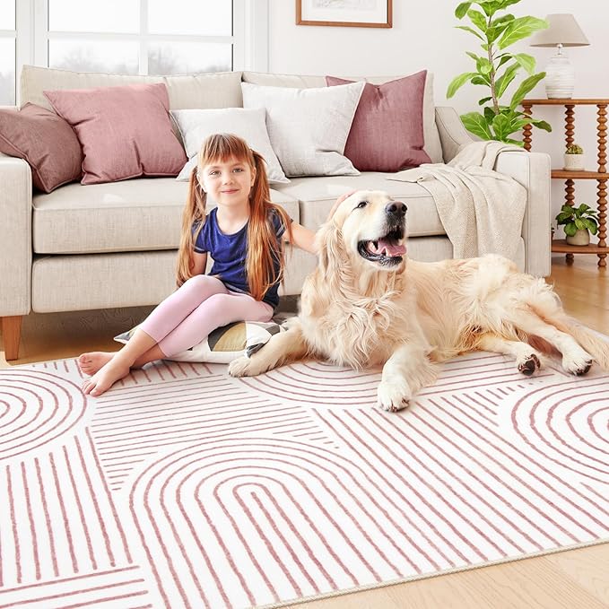 Lahome Abstract Washable Rugs, 4x6 Pink Rug for Bedroom Nursery Soft Non Slip Modern Living Room Rug, Ultra-Thin Non-Shedding Throw Carpet for Entryway Kitchen Office(4'x6',Pink/White)