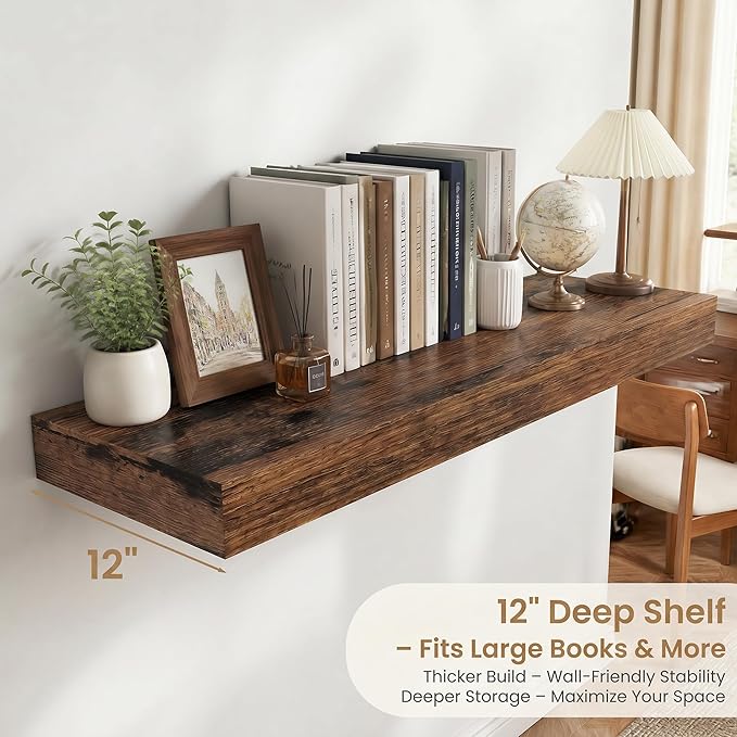 FLYJOE 24 Inch Long Floating Shelves for Wall Set of 2, 12" D Wood Grain Bathroom Shelves with Invisible Brackets, Easy Install Engineered Wood Storage Shelves for Kitchen, Living Room, Bedroom