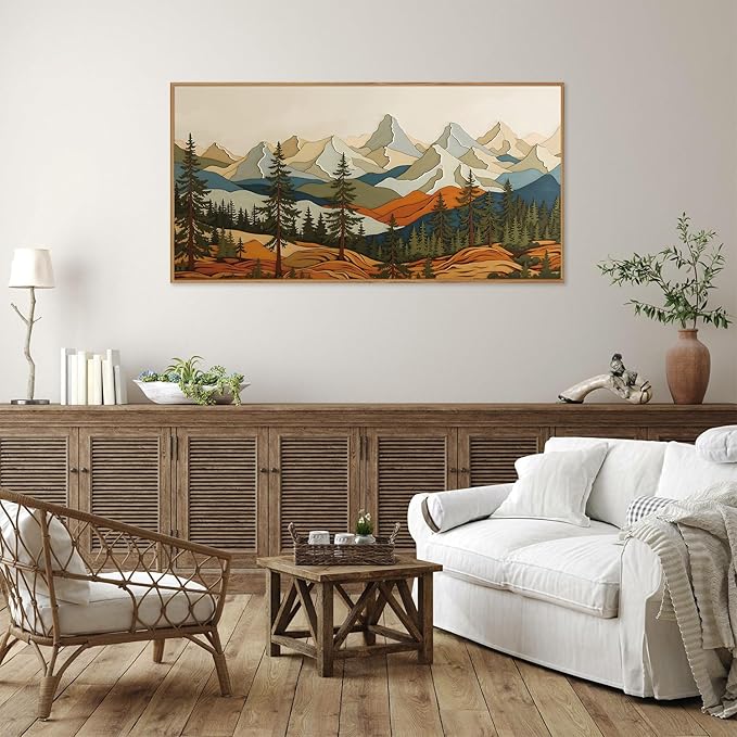 SIGNINART Vintage Mountains Framed Canvas Wall Art, Wooden Forest Wall Decor, Green Wood Pine Trees Wilderness Artwork, Natural Ridge Landscape Art Paintings for Living Room Bedroom Office 20"x40"