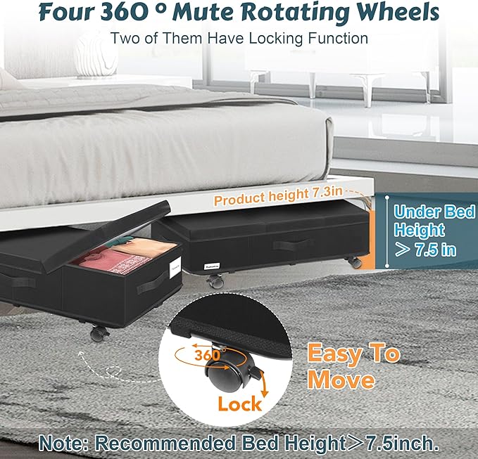 Under Bed Storage with Wheels, Rolling Underbed Storage Containers with Lids, Under Bed Shoe Storage Bins Organizer with Reinforced Metal Bottom Support and Three Handles