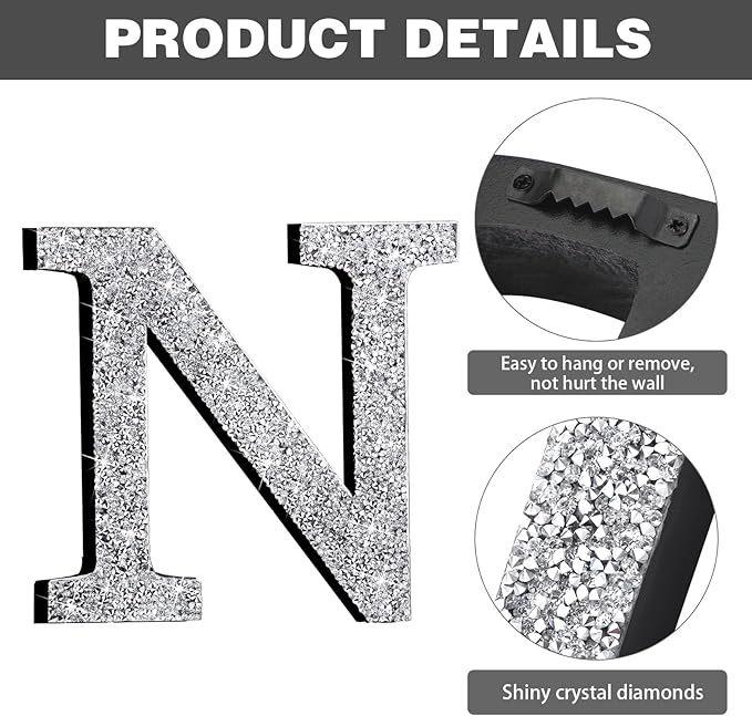 Qunclay 8'' Silver Crystal Diamond Bling Letters Crushed Diamond Decoration Wooden Glitter Letter with Screw and Hooks Rhinestone Gift for Wedding Y2k Mcbling Bedroom Wall Decor (Letter N)