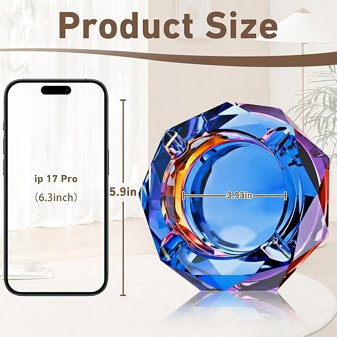 Coomin 5.9in Large Crystal Glass Ash Tray, Sparkly Cigarettes Cigar Ashtray, Ashtrays for Smokers Indoor Office Home Desktop Tabletop, Unique Luxury Gifts for Men, Blue