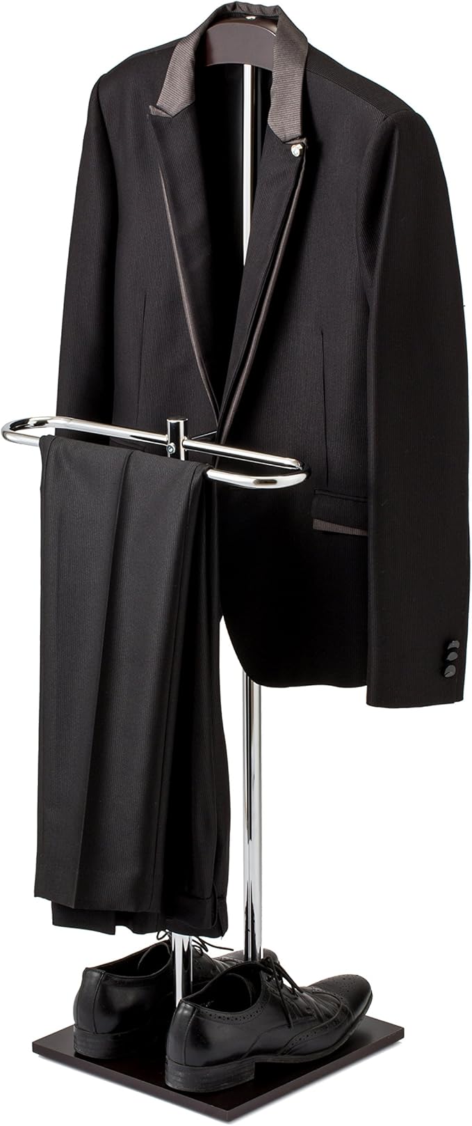 MyGift Brown Wood and Metal Valet and Suit Stand, Executive Men's Garment Organizer Rack Coat and Pants Hanger
