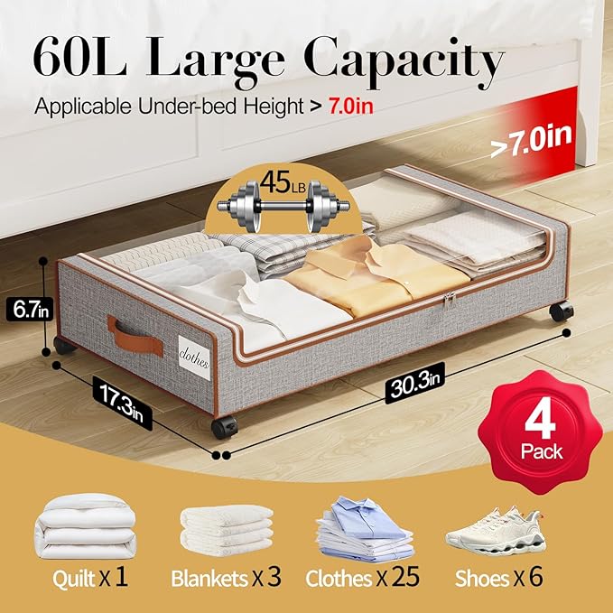 Yecaye Under Bed Storage with Wheels, 4 Pack Under the Bed Storage Containers with Lids & Label, XXL 60L Rolling Underbed Storage Drawers for Clothes, Blankets, Shoes