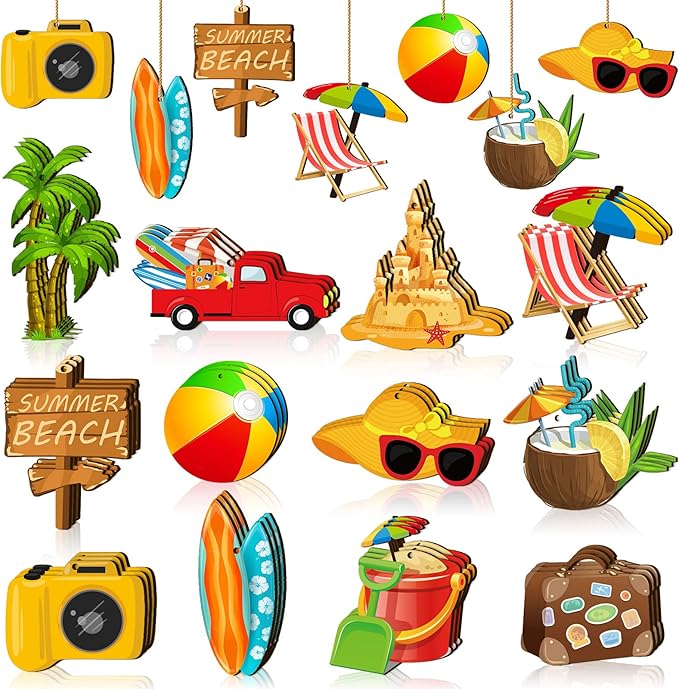 Geelin 36 Pcs Summer Wood Hanging Ornaments for Tree Mini Tree Decorations Hawaiian Beach Wooden Pendant Decorations with String for Luau Party Supplies(Beach)