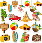 Geelin 36 Pcs Summer Wood Hanging Ornaments for Tree Mini Tree Decorations Hawaiian Beach Wooden Pendant Decorations with String for Luau Party Supplies(Beach)