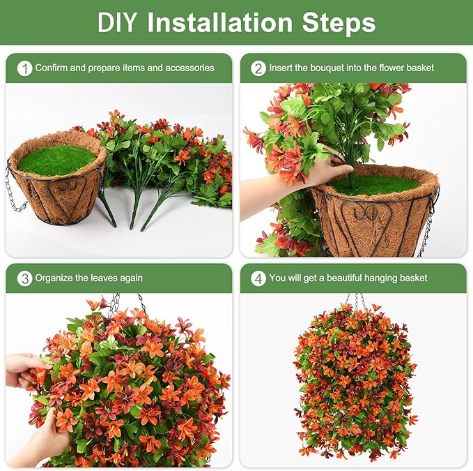 INQCMY Artificial Hanging Flowers Decoration, 4pcs Fake Floral Basket Plants for Outdoor Porch, Faux Shrubs Home Spring Decor UV Resistant Potted Violets for Outside Garden No Fade