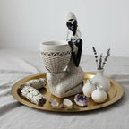 Lescafita Handmade White African Tribal Woman Sculpture - Crystal Earrings & Basket Statue, Ivory Resin Home Decor for Modern Shelves/Tables, Elegant Housewarming Gift (9.65" H)