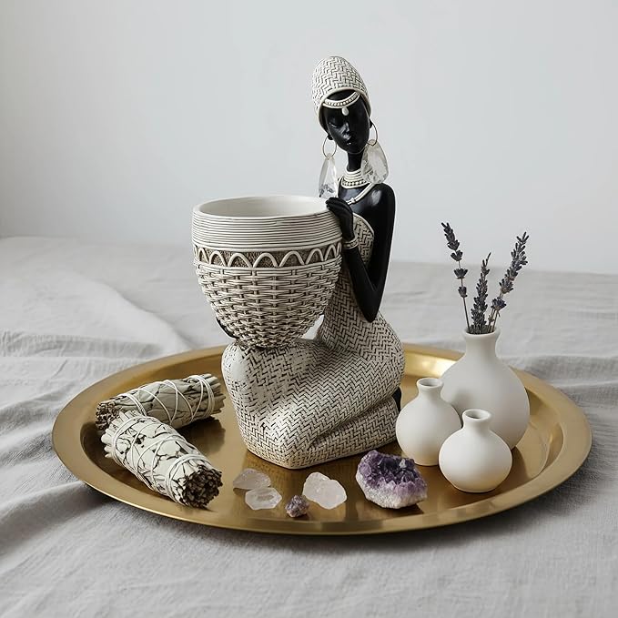 Lescafita Handmade White African Tribal Woman Sculpture - Crystal Earrings & Basket Statue, Ivory Resin Home Decor for Modern Shelves/Tables, Elegant Housewarming Gift (9.65" H)
