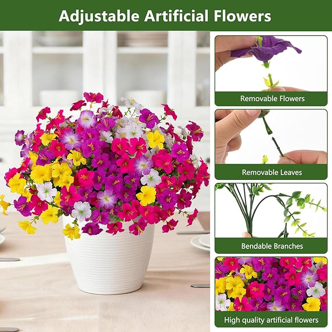 INQCMY Artificial Fake Flowers for Outdoor Spring Decoration,12 Bundles Faux Silk Colorful Morning Glory with Eucalyptus UV Resistant Realistic Fake Plants for Outside Planter Porch Patio Yard Garden