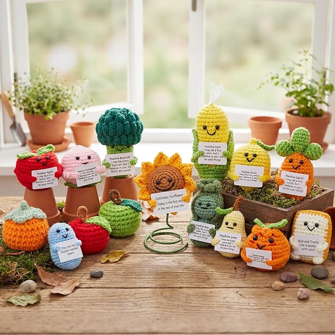 VioraWhite 18 Pcs Crochet Dolls Bulk Positive Handmade Knitted Emotional Fruit Vegetable Dolls with Encouragement Cards for Employee Appreciation Gifts, Coworker Team Building Keepsakes