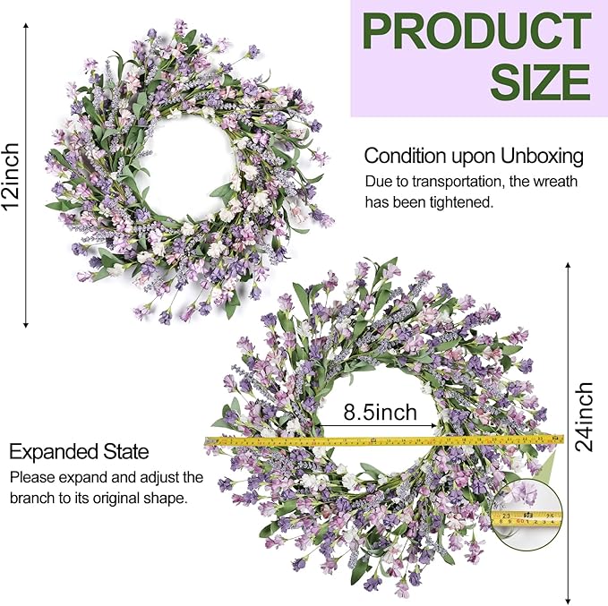 Artgar Front Door Wreath 24 Inch Spring/Summer Wreaths for Front Door, Front Door Wreaths for All Seasons for Indoor Outdoor Home Office Wall Window Wedding Farmhouse Decor (Purple)