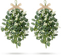 2 PCS 24'' Eucalyptus Teardrop Swag Wreaths Spring Summer Greenery Teardrop Swags for Front Door Artificial Farmhouse Green Hanging Swags with Berry Ribbon for Wedding Porch Wall Window Cabinet Decor