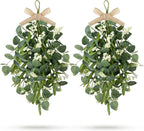 2 PCS 24'' Eucalyptus Teardrop Swag Wreaths Spring Summer Greenery Teardrop Swags for Front Door Artificial Farmhouse Green Hanging Swags with Berry Ribbon for Wedding Porch Wall Window Cabinet Decor