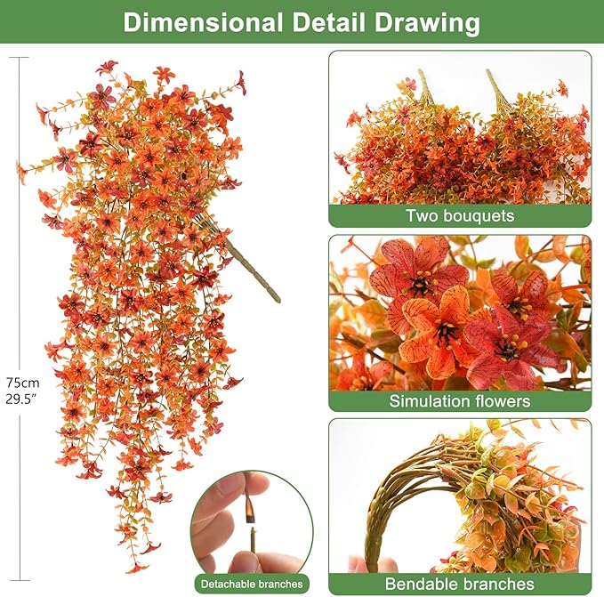 INQCMY Artificial Fall Fake Flowers for Outdoor Fake Hanging Decoration,2PCS Faux Mums Silk Flower with Autumn Leaves UV Resistant No Fade for Home Planter Porch Patio Yard Balcony Garden(Orange Red)
