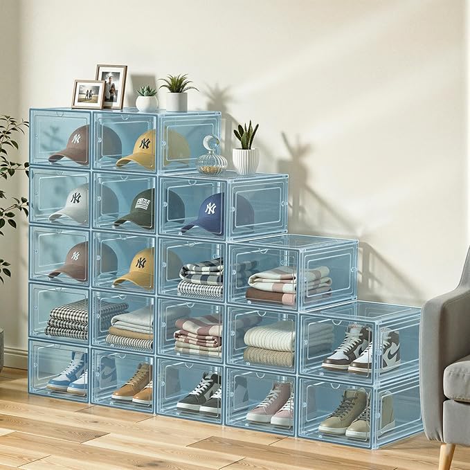 6 Pack Hat Organizer Box, Stackable Clear Baseball Caps Holder Box Containers with Magnetic Door for Hats Snapback Cap Storag, Hat Rack Display Case, Holds 8 Hats Each (Blue)