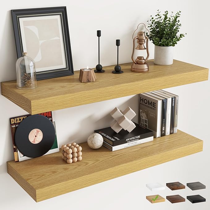 40 Inch Long Floating Shelves for Wall Set of 2, 12"D Wood Grain Bathroom Shelves with Invisible Brackets, Easy Install Engineered Wood Storage Shelves for Kitchen, Living Room, Bedroom, Oak Finish