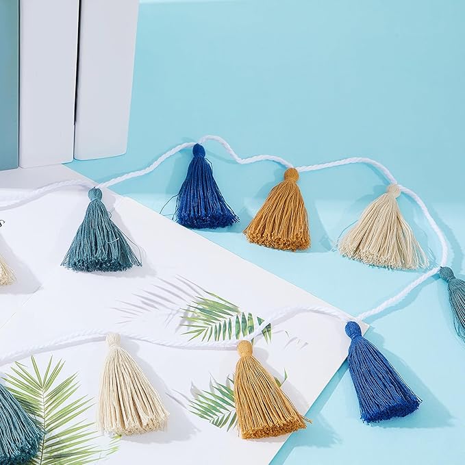 WILLBOND 4 Pieces Valentine's Day Tassel Garland for Classroom Wall Decor Boho Pastel Garland Cotton Tassel Banners for Party School(3.1 Inch,Brown, Beige, Dark Green, Gray-Blue)