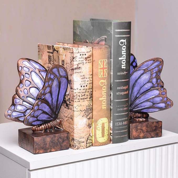 Vintage Purple Butterfly Bookends,Resin Book Ends for Shelves,Heavy Duty Decorative Bookends,Creative Book Stopper Holder Decor for Desk Home Office,Shelf Decoration,Gifts for Mother's Day