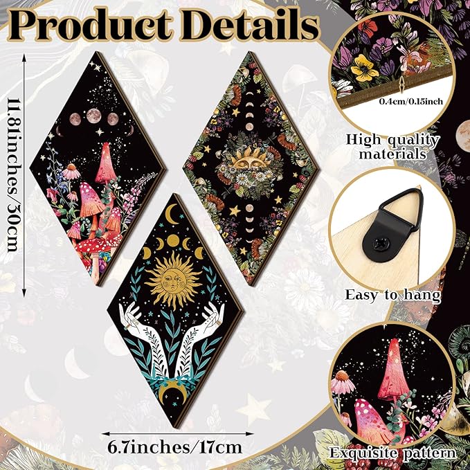 Qunclay 6 Pcs Witchy Gothic Wall Decor Rustic Boho Home Decor Sun Moon Mushroom Phases Wall Art Gothic Star Hanging Wooden Decoration Farmhouse Pediments for Bedroom Living Room Gallery(Moon Sun)