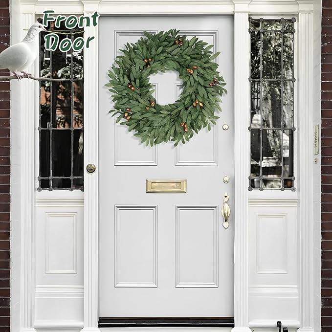 Olive Eucalyptu Wreaths for Front Door 24 Inch, Artificial Waterproof Green Lush Olive Branch Wreath with Berry for Home Outdoor Indoor Farmhouse Window Spring Summer All Seasons