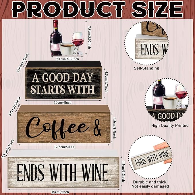 Lineshading 4 Pcs Farmhouse Kitchen Decor Wooden Stacked Block Sign with Wine Bottle, Coffee Cup & Glass Sculpture a Good Day Starts with Coffee Ends with Wine Sign for Home & Bar Housewarming Gift