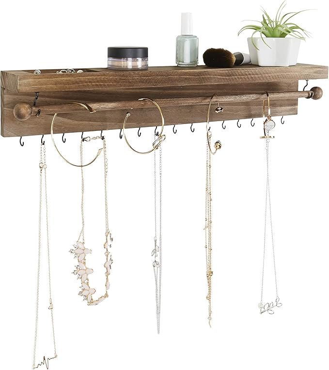 Rustic Necklace Jewelry Organizer - Wall Mount Jewelry Holder - Mounted Hanging Jewelry Storage Hooks for Necklace, Earrings, and Rings - Farmhouse Wood Decor Bedroom Boho Shelf Rack