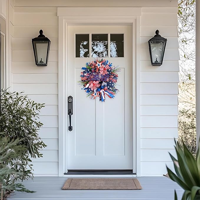 TEMPUS 20“ God Bless America 4th of July Patriotic Mesh Deco Wreath for Front Door, Memorial Day Red, White and Blue Ribbon Wreath for Indoor and Outdoor, Home Holiday Decor Summer Party Decor