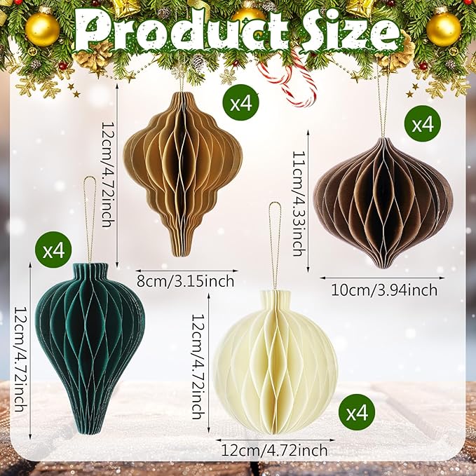 Gilprop 16 Pcs Christmas Paper Honeycomb Ornaments Paper Lantern Ornament 3D Hanging Honeycomb Balls Vintage Christmas Hanging Neutral Ornaments Decorations for Christmas Tree Xmas Holiday Party Decor