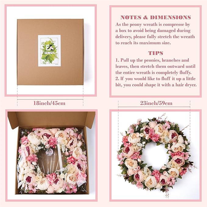 Peony Wreath 23'' Spring Wreaths for Front Door, Artificial Large Floral Wreath for Front Door Wall Decor, Valentine’s Day Home Wedding Housewarming Gift EZsenses (Light Pink)