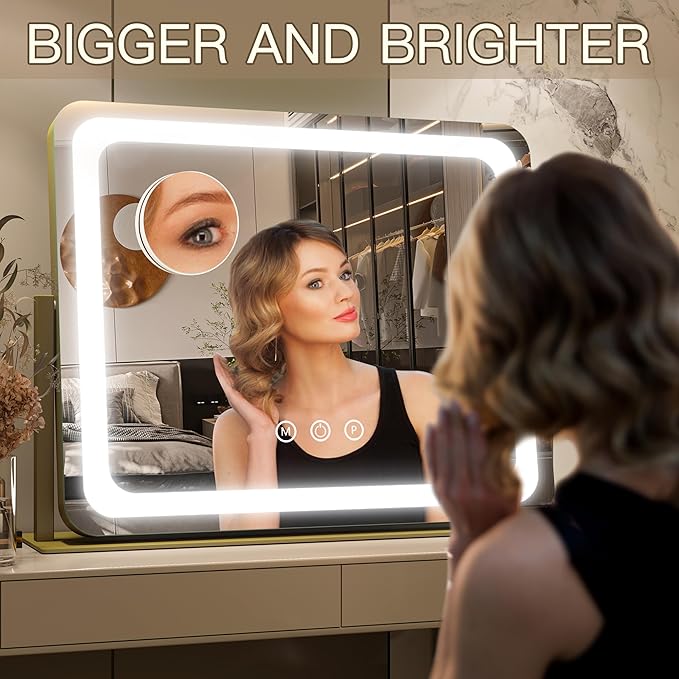 FENNIO Gold Vanity Mirror with Lights 22"x19", LED Lighted Makeup Mirror, Large Makeup Mirror, Make up Mirror with Lighting,Touch Screen with 3-Color Lighting,Dimmable,for Vanity Desk Tabletop