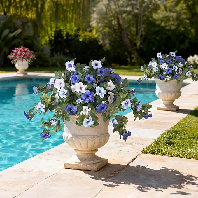 Artificial Fake Petunia Flowers for Outdoor Decoration, 2PCS Faux Silk Petunias Flower for Spring UV Resistant No Fade Realistic Plants for Garden Balcony Yard Porch Indoor Decor(Blue White)
