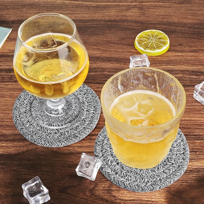 ABenkle 8 Pcs Drink Coasters with Holder, Cotton Woven Absorbent Coasters for Drinks, Minimalist Home Decor Coaster Set for Wooden Tabletop Protection Table, 4.3 inches Mied Gray
