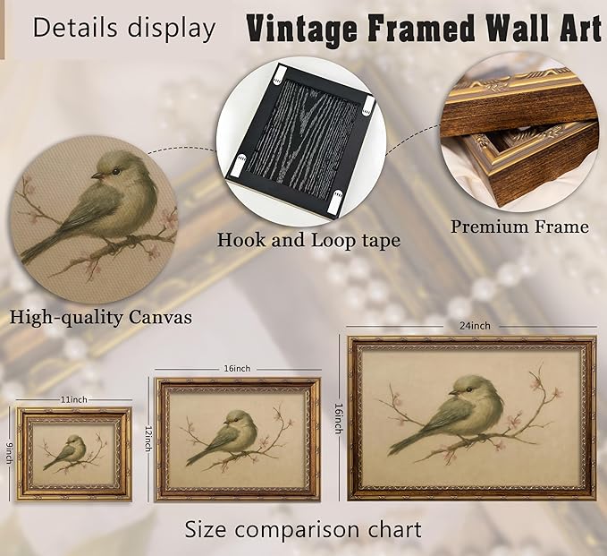 Vintage Gold Framed Wall Art Spring Bird Oil Painting Canvas Print Watercolor Cherry Blossom Picture Wall Decor Rustic Farmhouse Beige Floral Poster Artwork for Nursery Living Room Bedroom