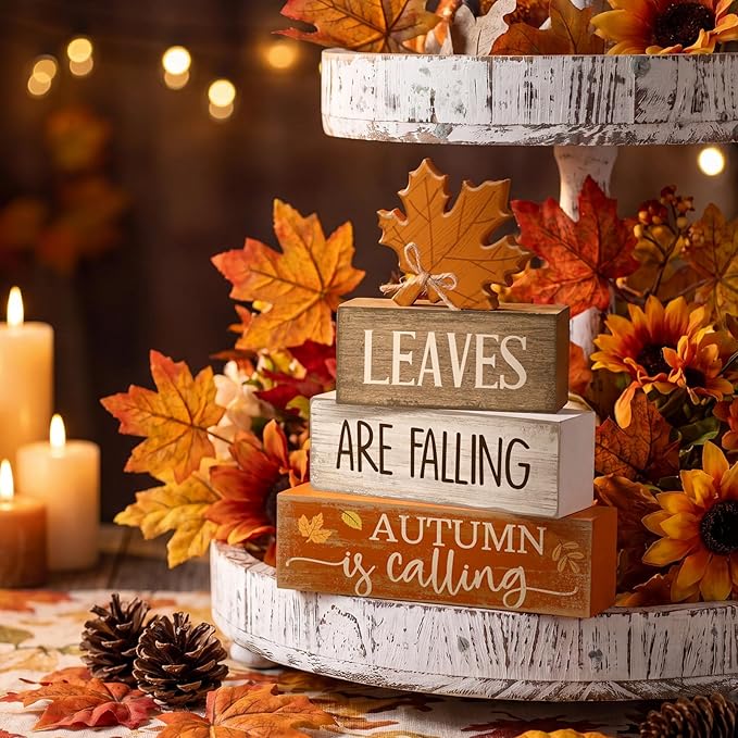 Lineshading 4 Pcs Fall Decoration for Home Wooden Maple Leaf Thanksgiving Table Centerpiece Rustic Thanksgiving Tiered Tray Decor Decorative Autumn Leaves Block Sign Farmhouse Autumn Decor for Kitchen