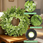 26" Spring Summer Greenery Wreath for Front Door, Large Green Wreath with Fern Leaves and White Flowers All Seasons for Indoor Outdoor Door Wall Window Porch Farmhouse All Season Home Decor