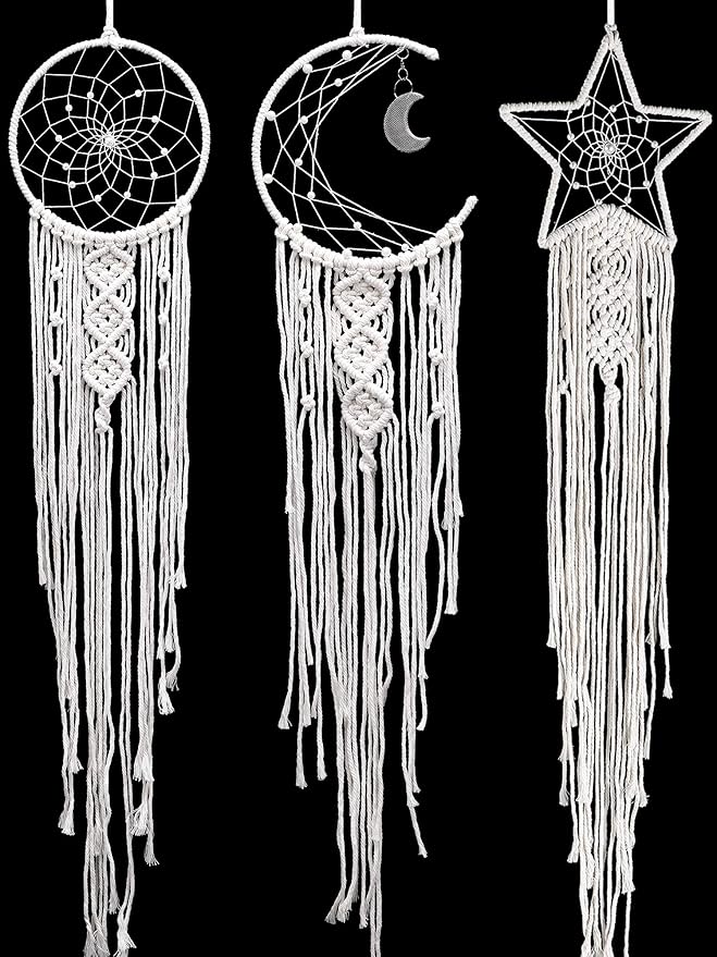 Jetec 3 Pcs Boho Macrame Dream Catcher Woven Wall Hanging Crescent Moon Star Sun Dreamcatcher with Long Tassel Large White Handmade Bohemian Home Decor Art Craft for Bedroom Room Decoration Gift
