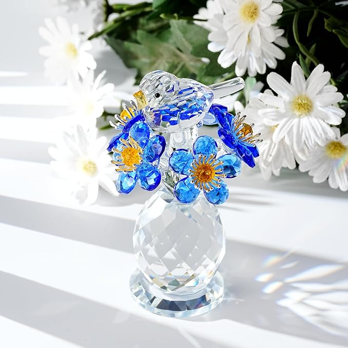 Crystal Bird & Forget-Me-Not Flower Figurine,3x4 inch Glass Flower Collectible Ornaments for Home Decor Table Centerpiece Glass Bouquet Flowers Keepsake Gifts for Women （Blue）