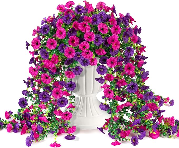 Fake Artificial Hanging Flowers for Outdoor, 2 PCS Silk Morning Glory Faux Flowers with Eucalyptus Leaves,Realistic Hanging Plants for Wedding Home Office Garden Decor