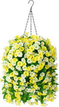Artificial Flowers with Hanging Basket, Outdoor Faux Plants Silk Morning Glory Vines, Fake Green Arrangement for Garden Patio Spring Summer Decor(Yellow White)